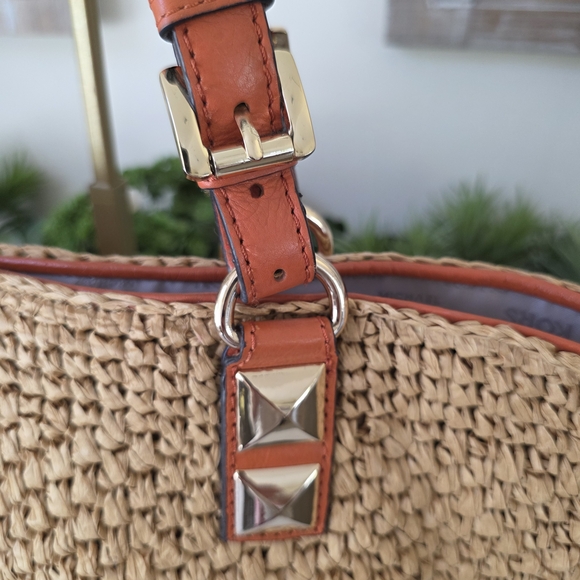 Michael Kors Santorini Raffia Basket Tote Tan Straw Tangerine Leather MK Charm - Picture 3 of 12